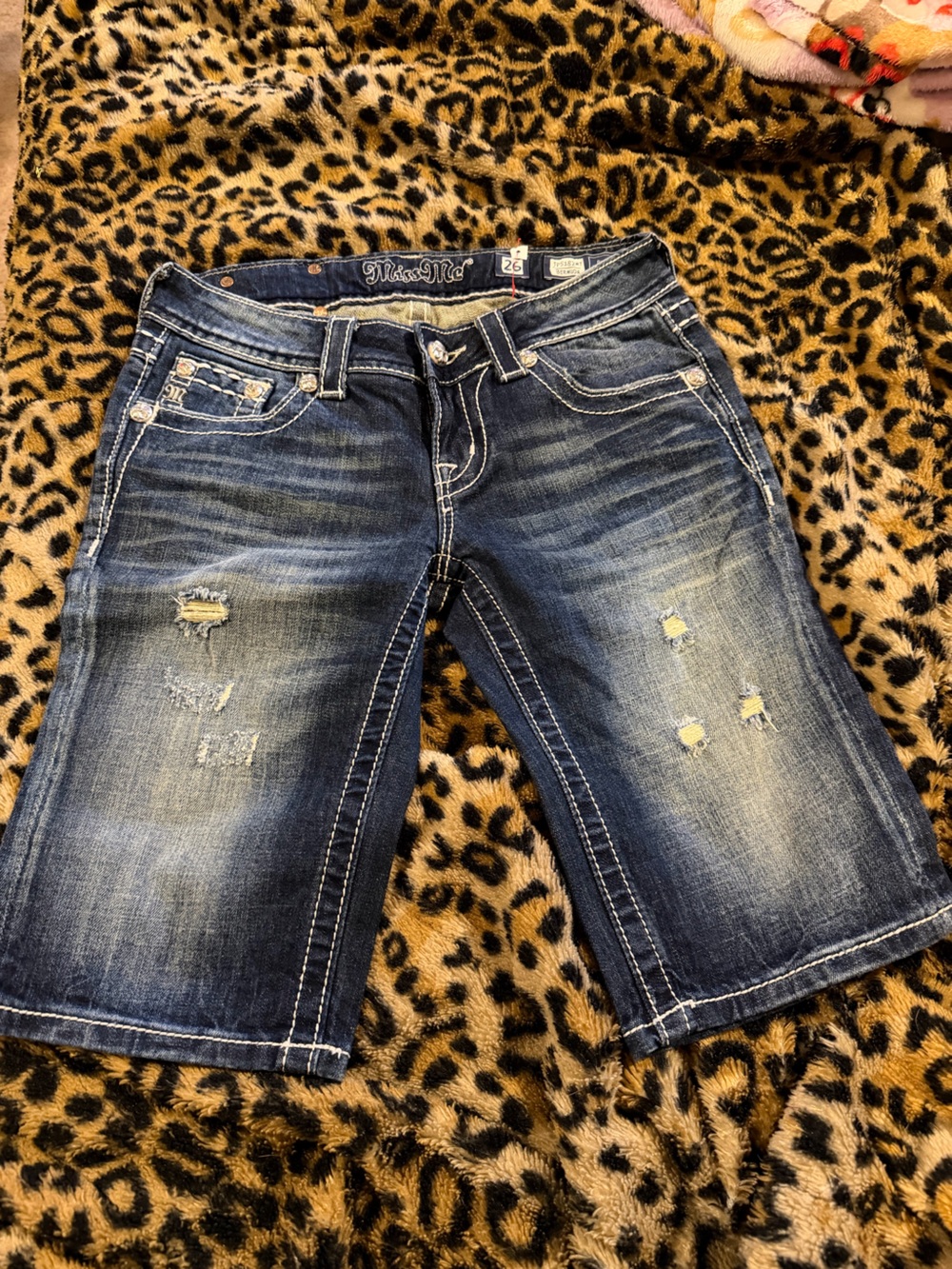 Miss Me Distressed Dark Blue Denim Bermuda Shorts